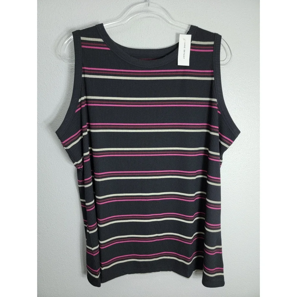 Lane Bryant Womens 26/28 Tank Top Black Striped Ribbed Knit Sleeveless NWT